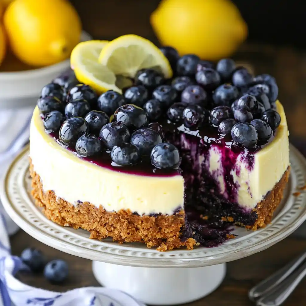 Slice of creamy lemon blueberry cheesecake topped with fresh blueberries and lemon slices.