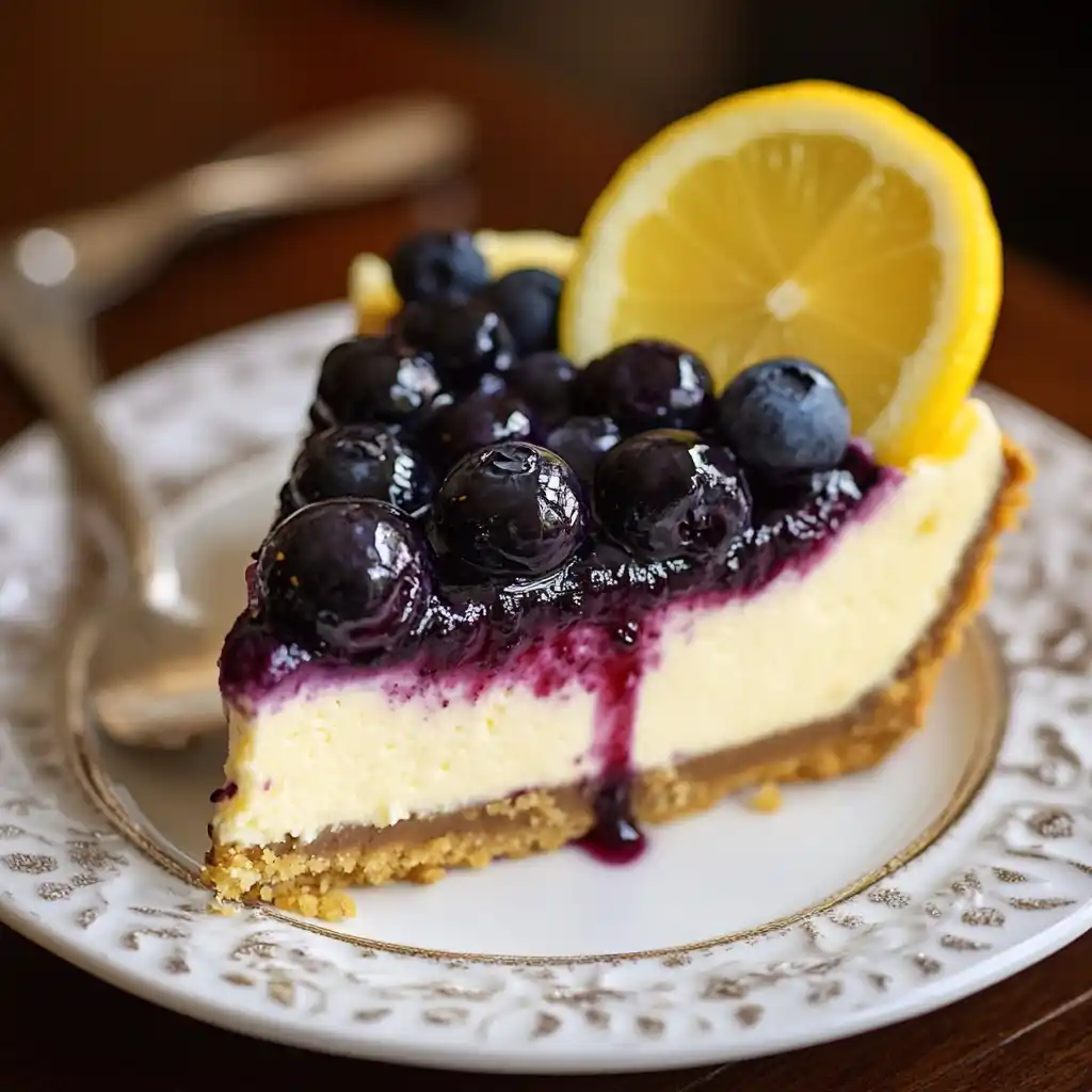 Indulge in a slice of creamy lemon blueberry cheesecake, perfectly balanced with tangy lemon zest and sweet blueberries.