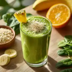 Green tropical smoothie high in iron and protein with spinach and hemp hearts