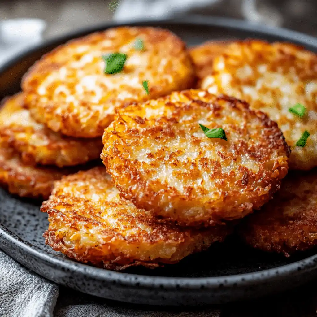 air fryer frozen hash brown patties on breakfast plate