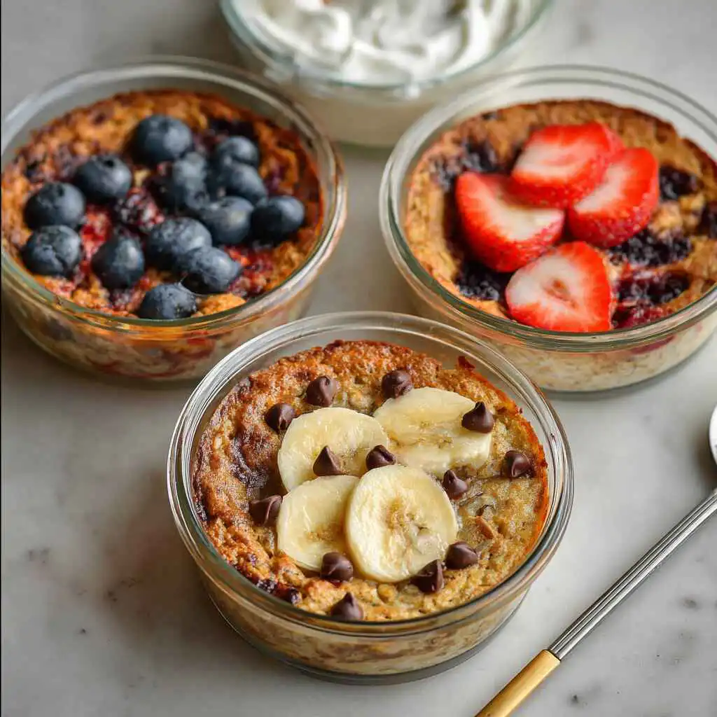 Baked high protein pancake bowls with banana, strawberry, and blueberry toppings