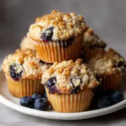 Blueberry coffee cake muffins on a rustic table