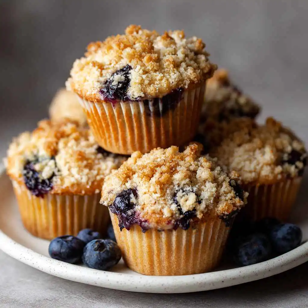 Blueberry coffee cake muffins on a rustic table