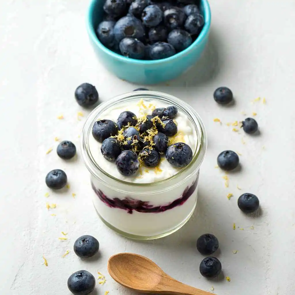Blueberry Greek yogurt served in a glass jar