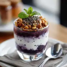 Served blueberry Greek yogurt with granola