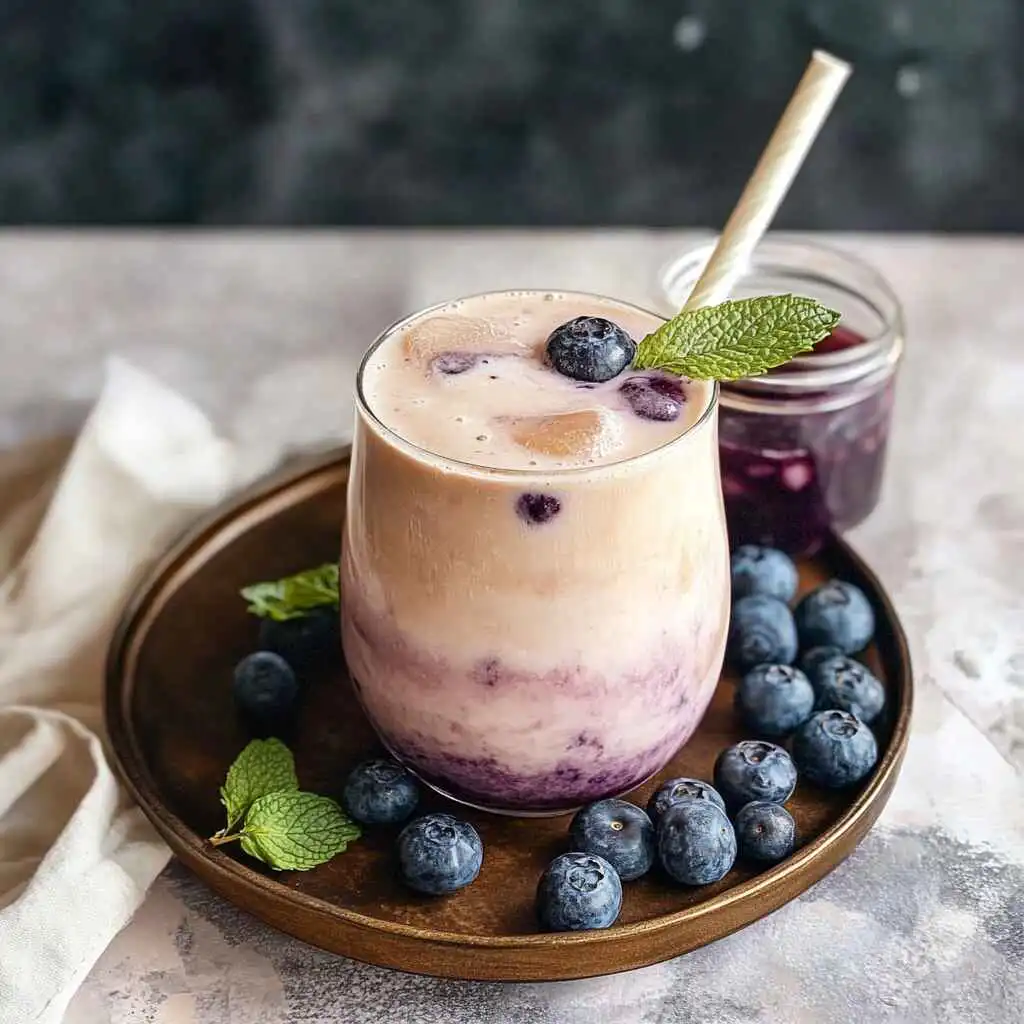 blueberry latte in clear glass with blueberry garnish
