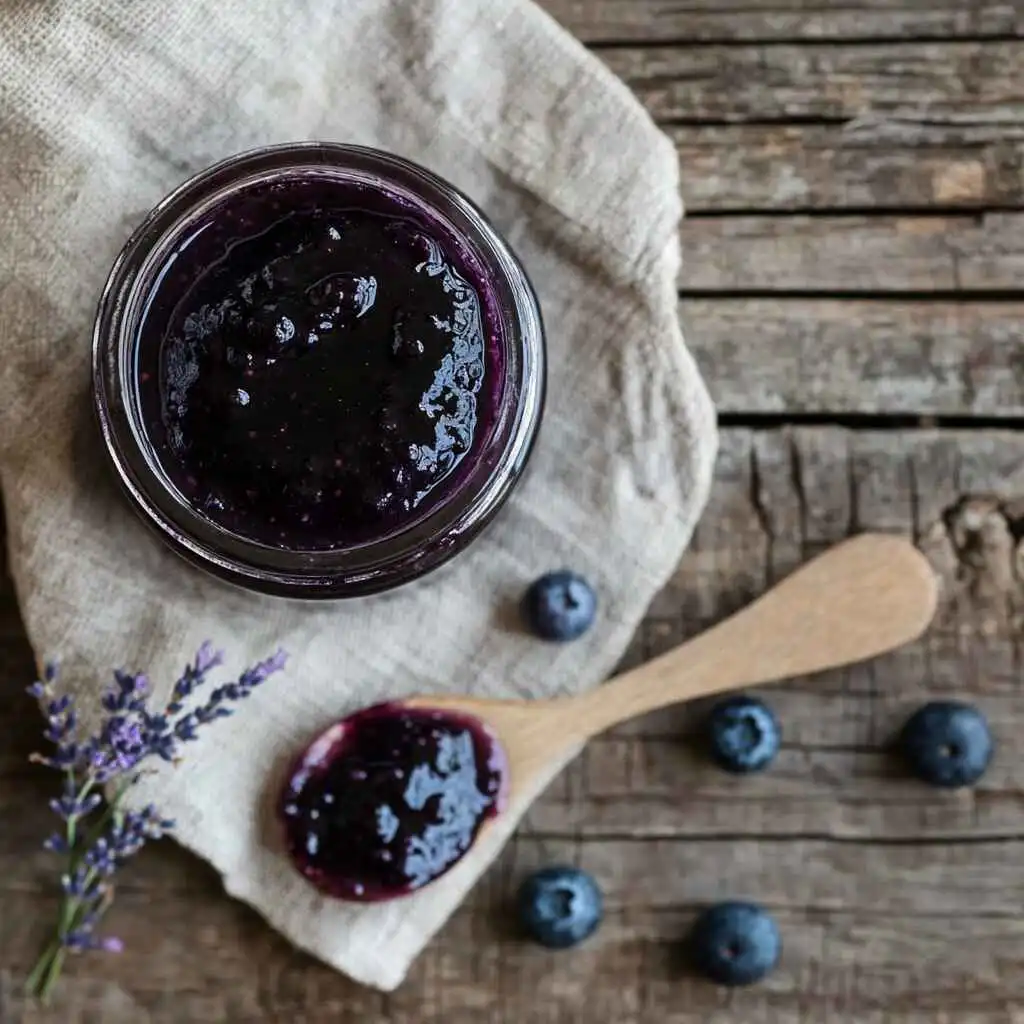blueberry and lavender jam on rustic kitchen table