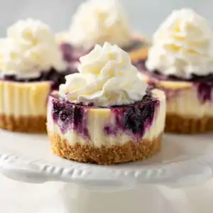 Mini blueberry swirl cheesecakes topped with whipped cream on a white dessert stand