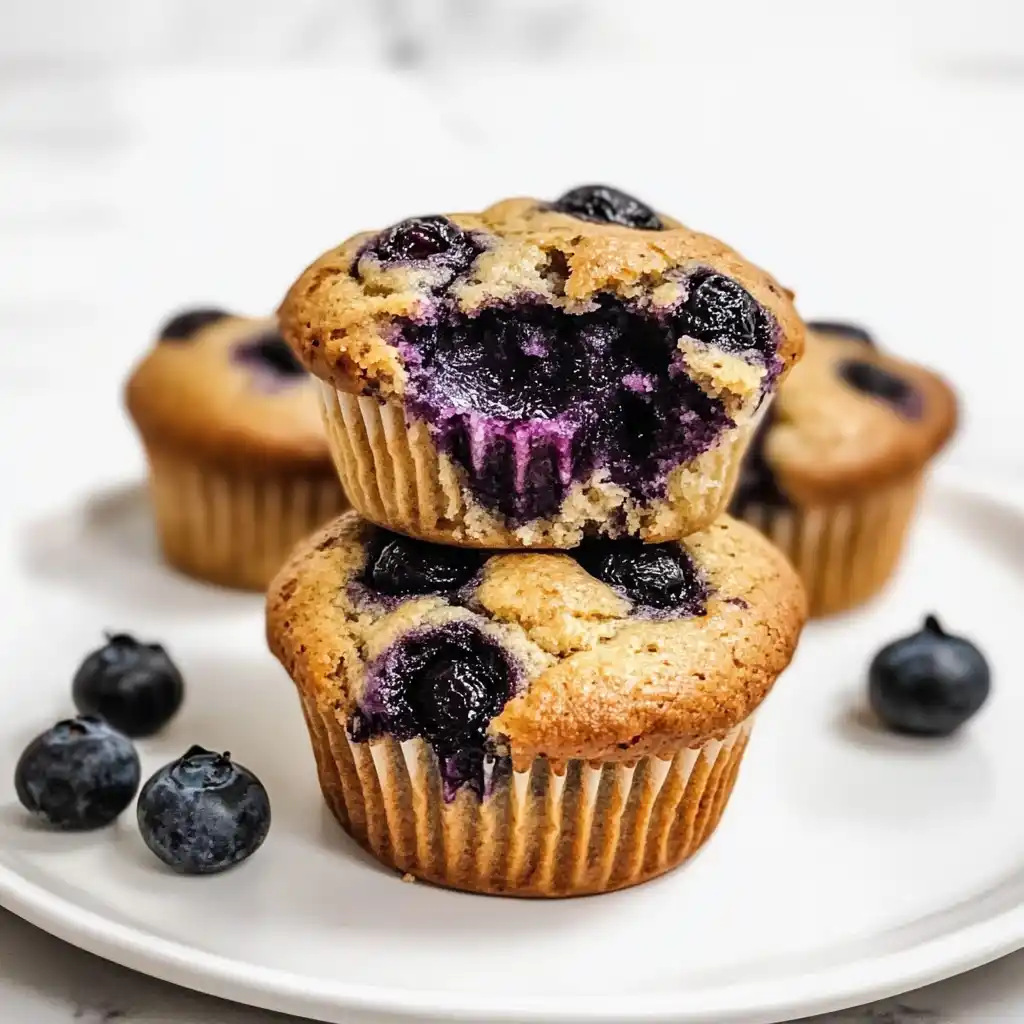 blueberry muffin protein powder muffins on wooden table