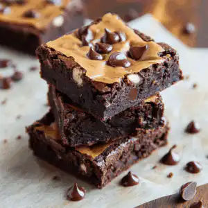 Cottage cheese protein brownies stacked on a wooden board