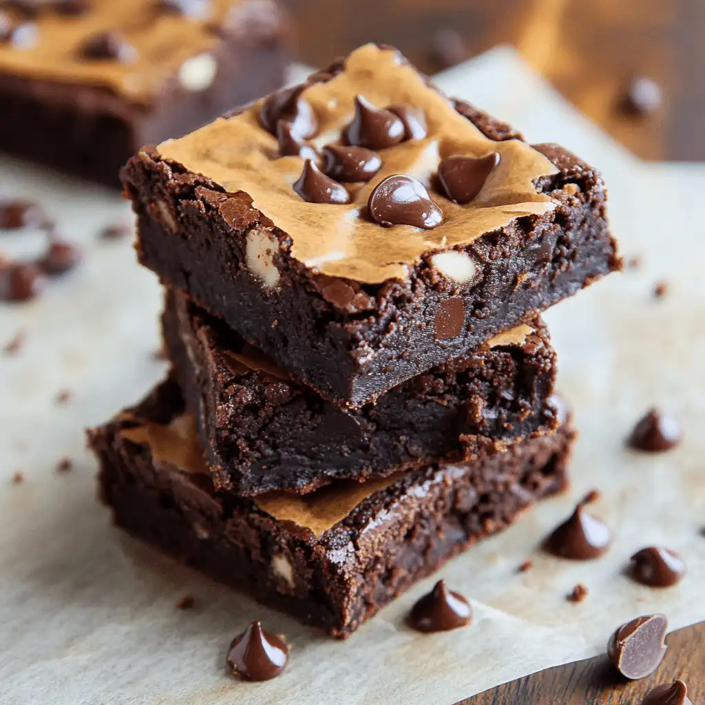 Cottage cheese protein brownies stacked on a wooden board