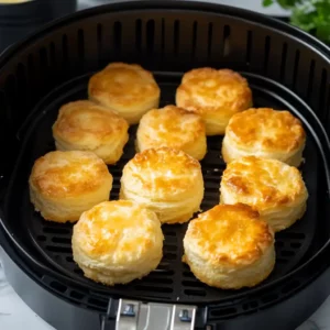 Frozen biscuit in air fryer basket cooking until golden and flaky