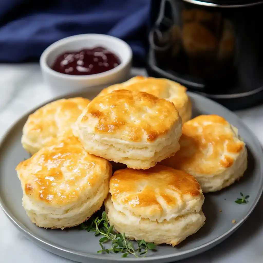 Frozen biscuit in air fryer served golden and flaky on a plate