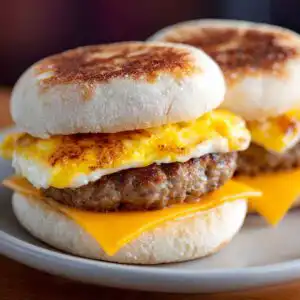 Frozen breakfast sandwich air fryer recipe with sausage, egg, and melted cheese