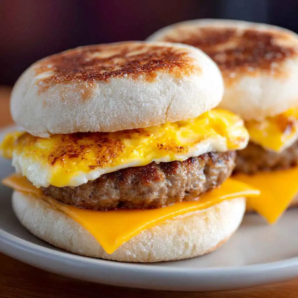 Frozen breakfast sandwich air fryer recipe with sausage, egg, and melted cheese