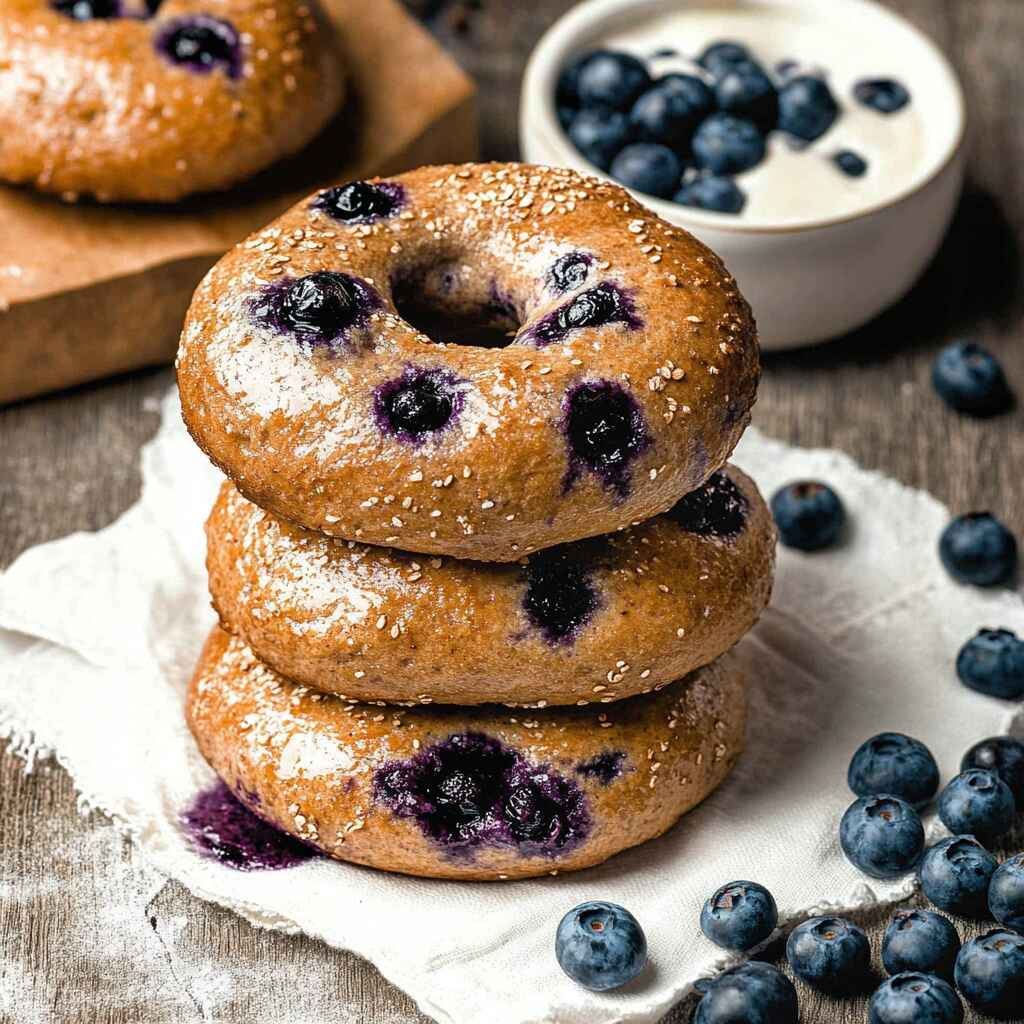 Gluten free blueberry bagels stacked on a rustic table