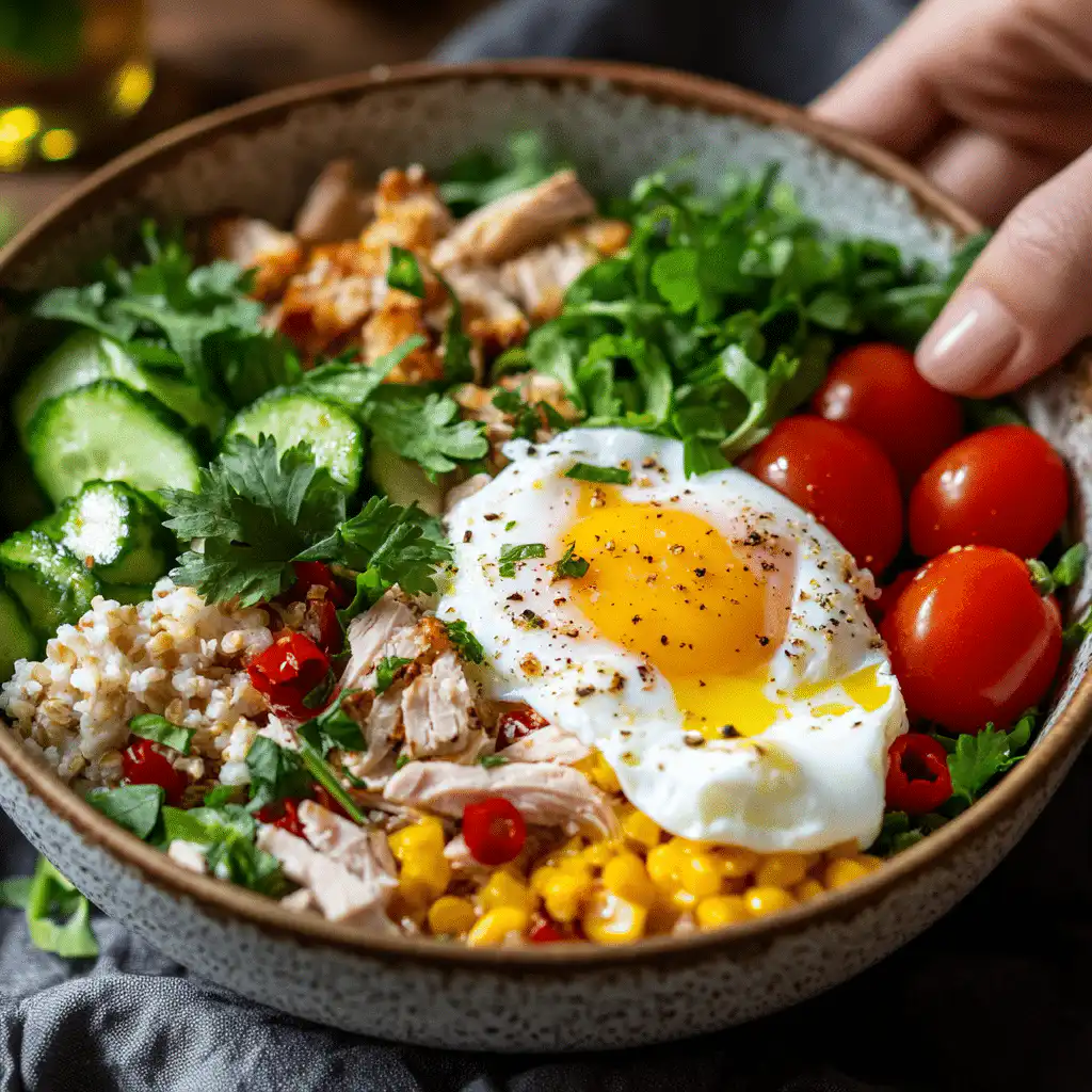 high protein breakfast bowl meal prep with eggs and turkey