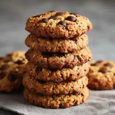 high protein oat cookies stacked on a wooden board
