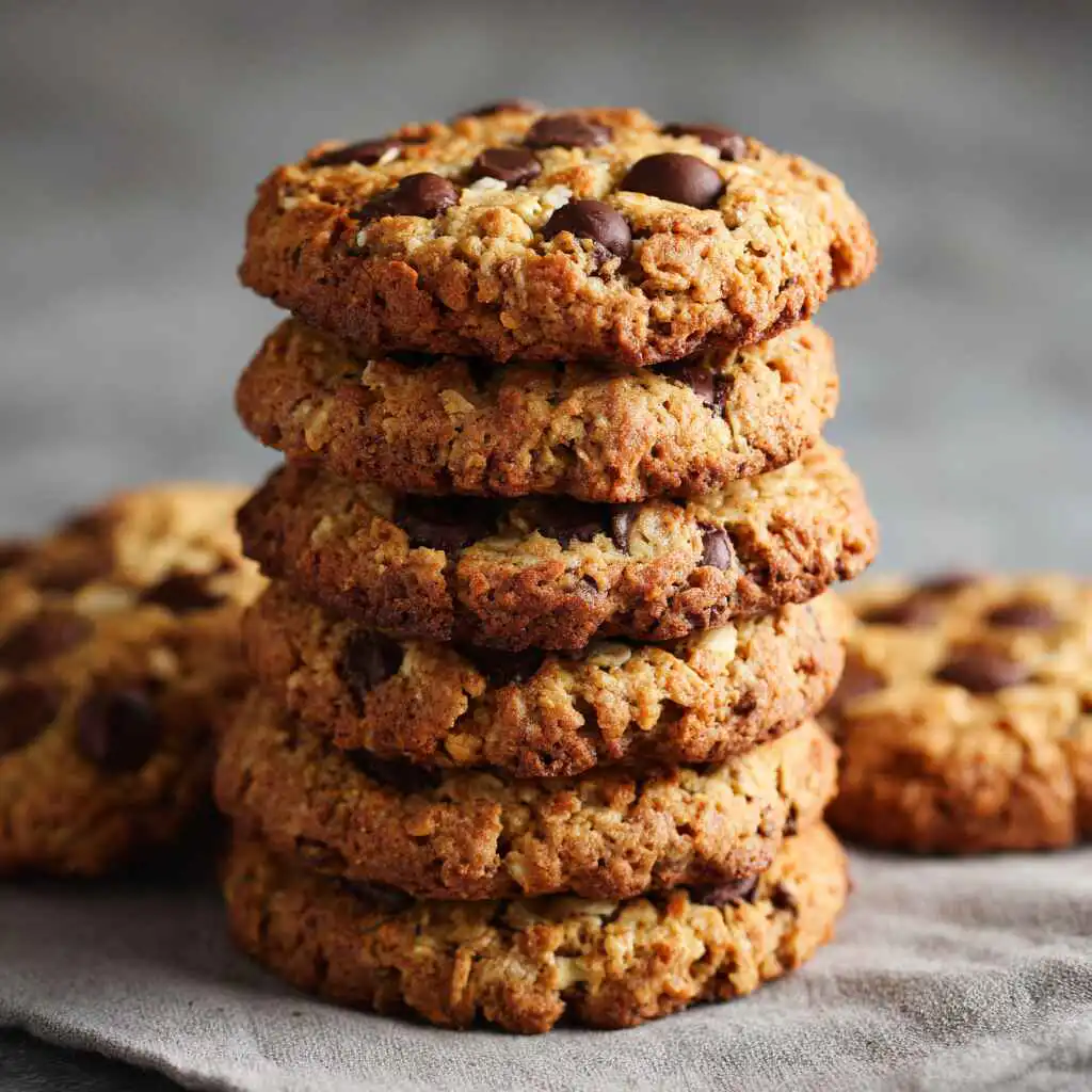 high protein oat cookies stacked on a wooden board