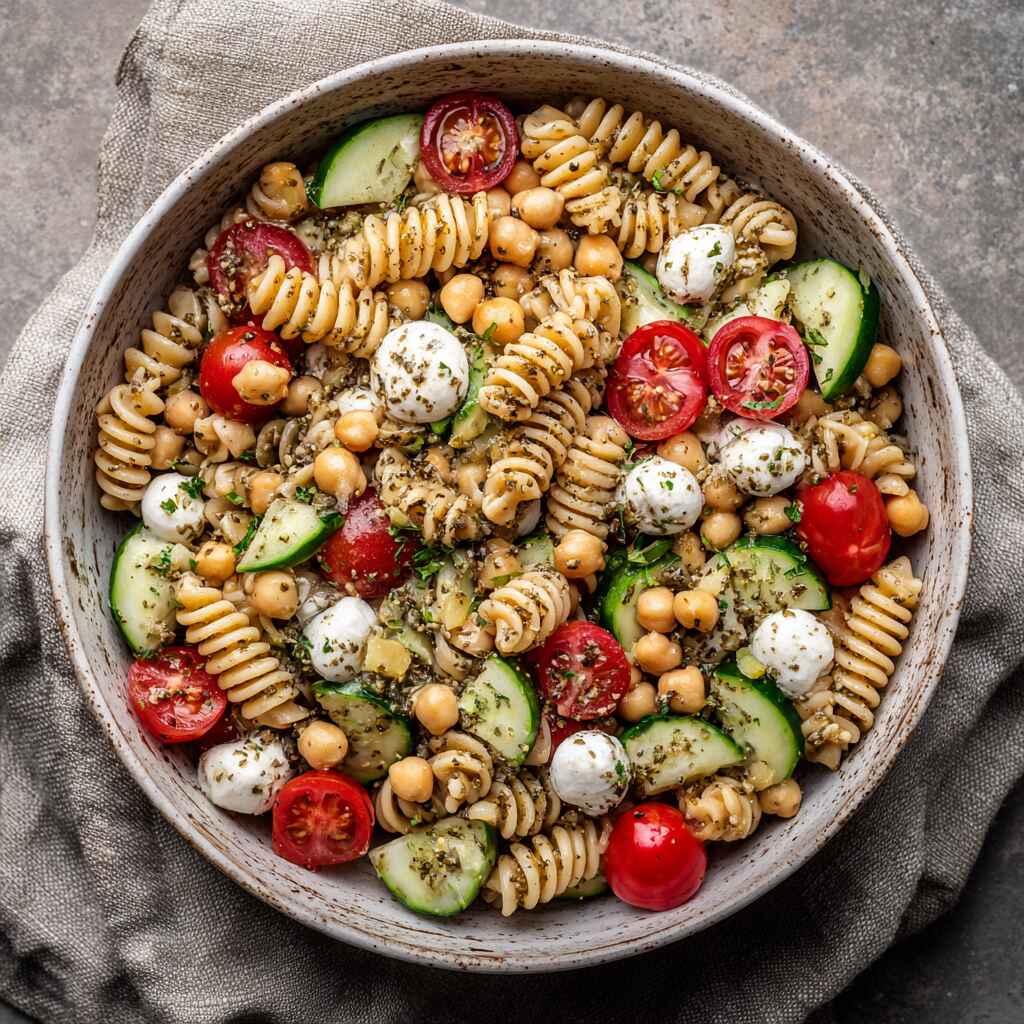High Protein Pasta Salad Recipes with chickpea rotini and vegetables