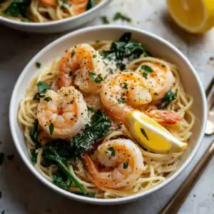 High protein shrimp pasta in a bowl with lemon and garlic