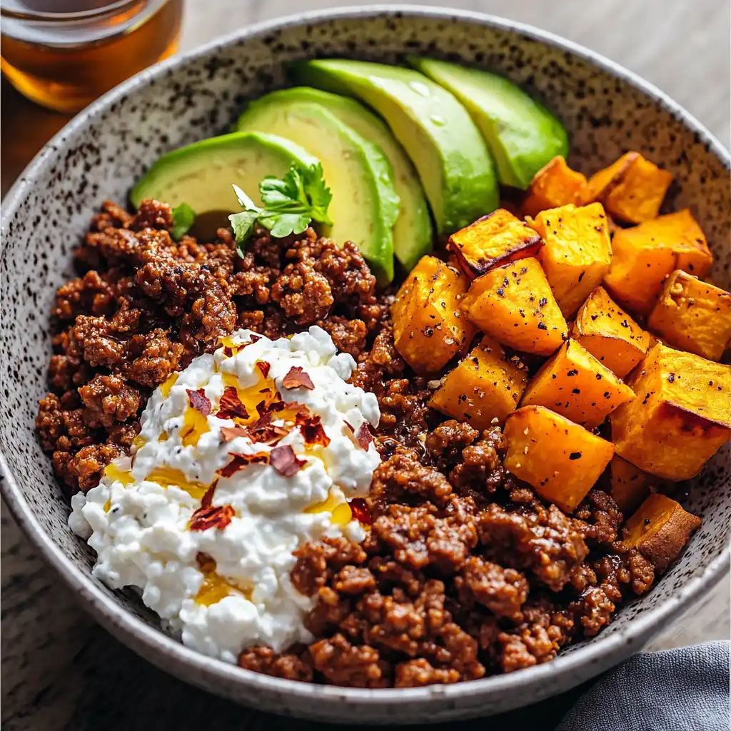 high protein taco bowl with sweet potatoes and beef
