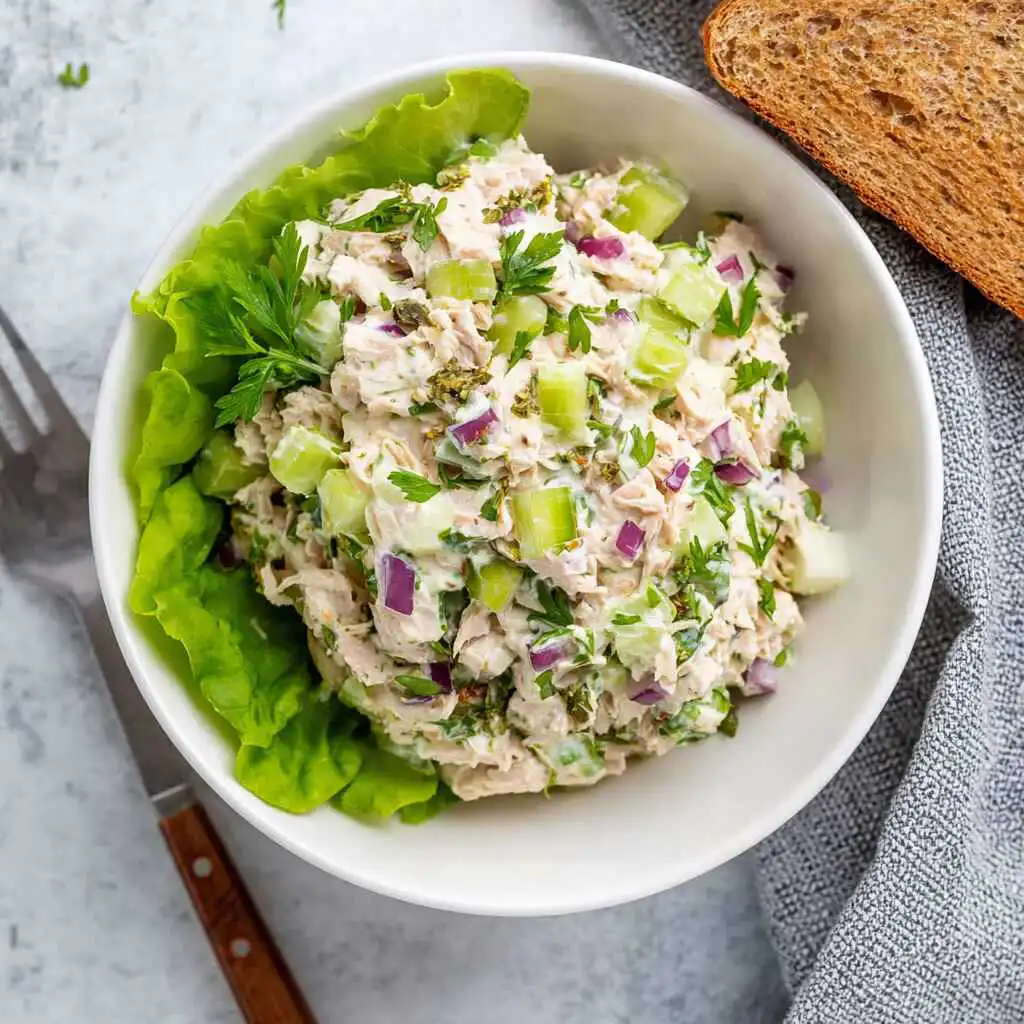 High Protein Tuna Salad in White Bowl