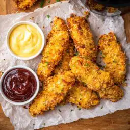potato chip crusted chicken air fryer tenders served with dipping sauces