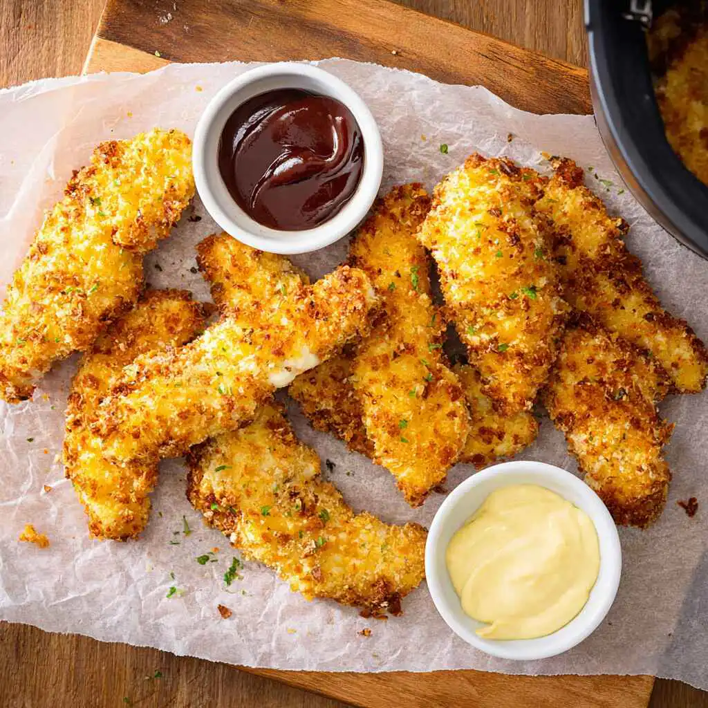 potato chip crusted chicken air fryer tenders served with dipping sauces