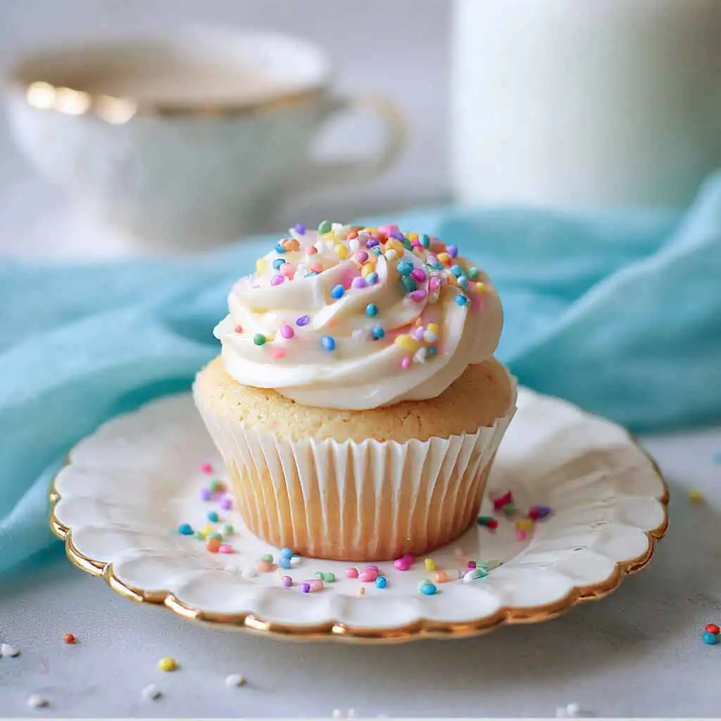 Frosted protein cupcake with sprinkles on white plate