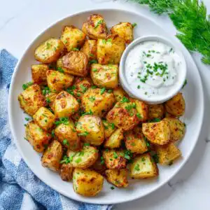 Served crispy air fryer ranch potatoes with garnish