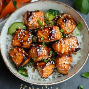 teriyaki salmon bites air fryer served with rice