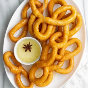 Cuban buñuelos with syrup drizzle and star anise on a white plate
