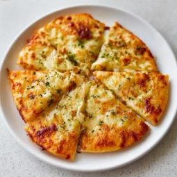 Air Fryer Cheesy Tortilla Garlic Bread on plate with dip