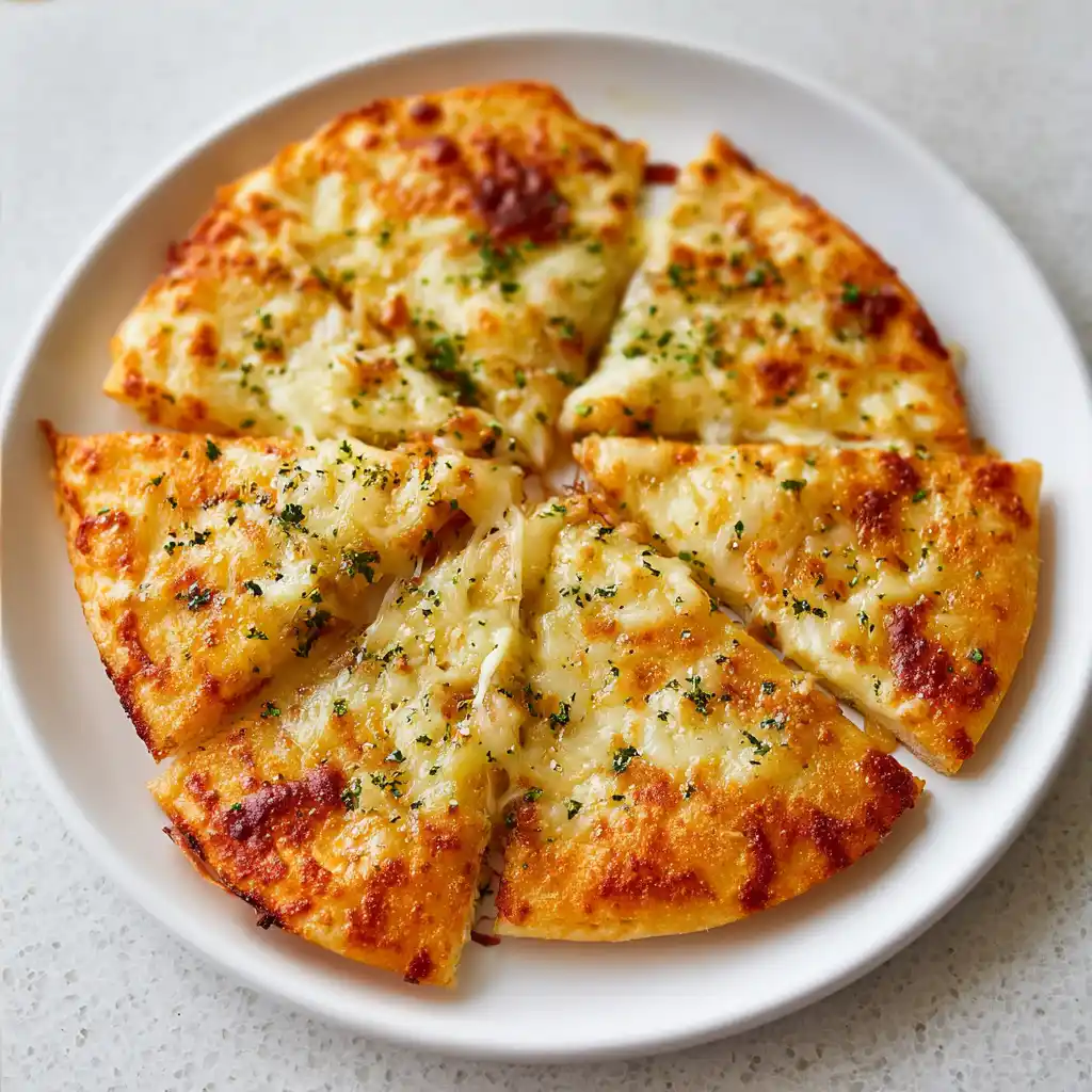 Air Fryer Cheesy Tortilla Garlic Bread on plate with dip