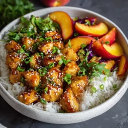Air Fryer Peach Teriyaki Chicken Bowls with rice and sauce