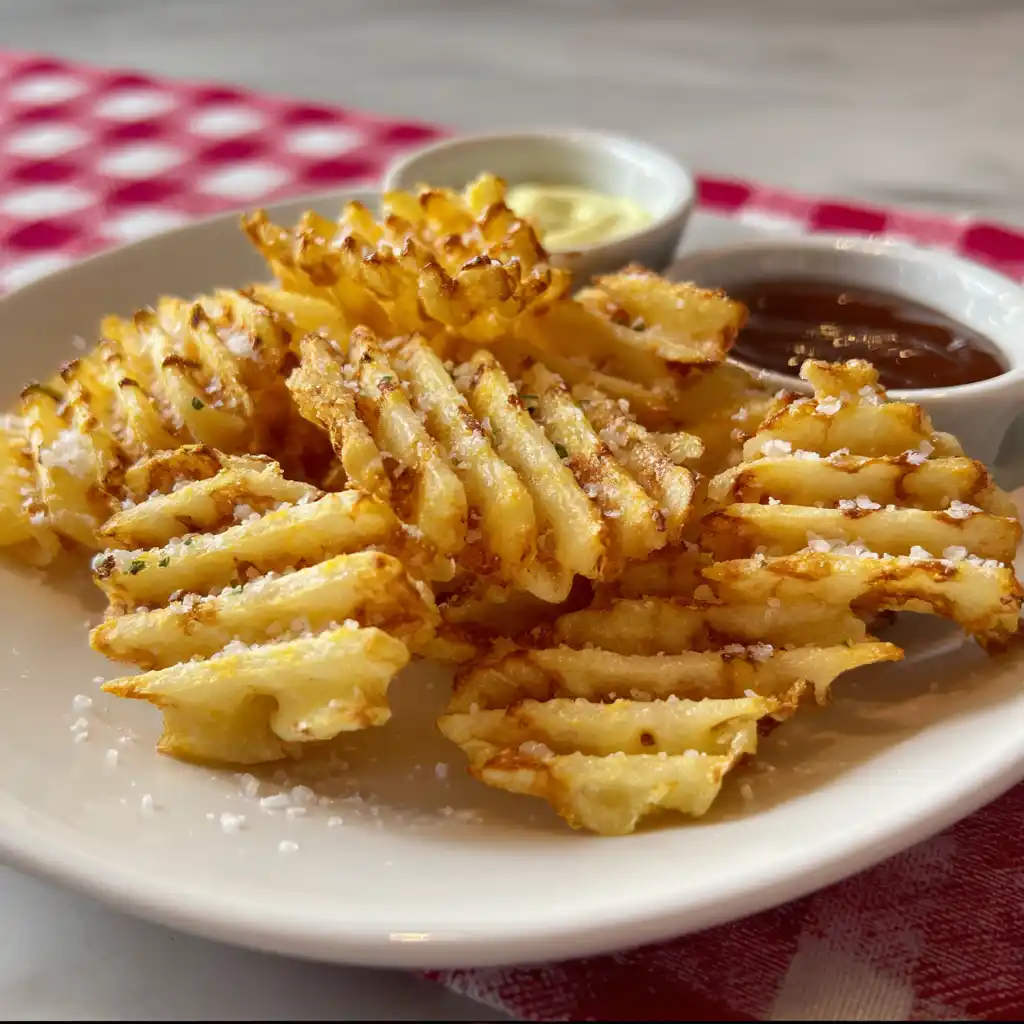 air fryer waffle fries served with ketchup and mustard