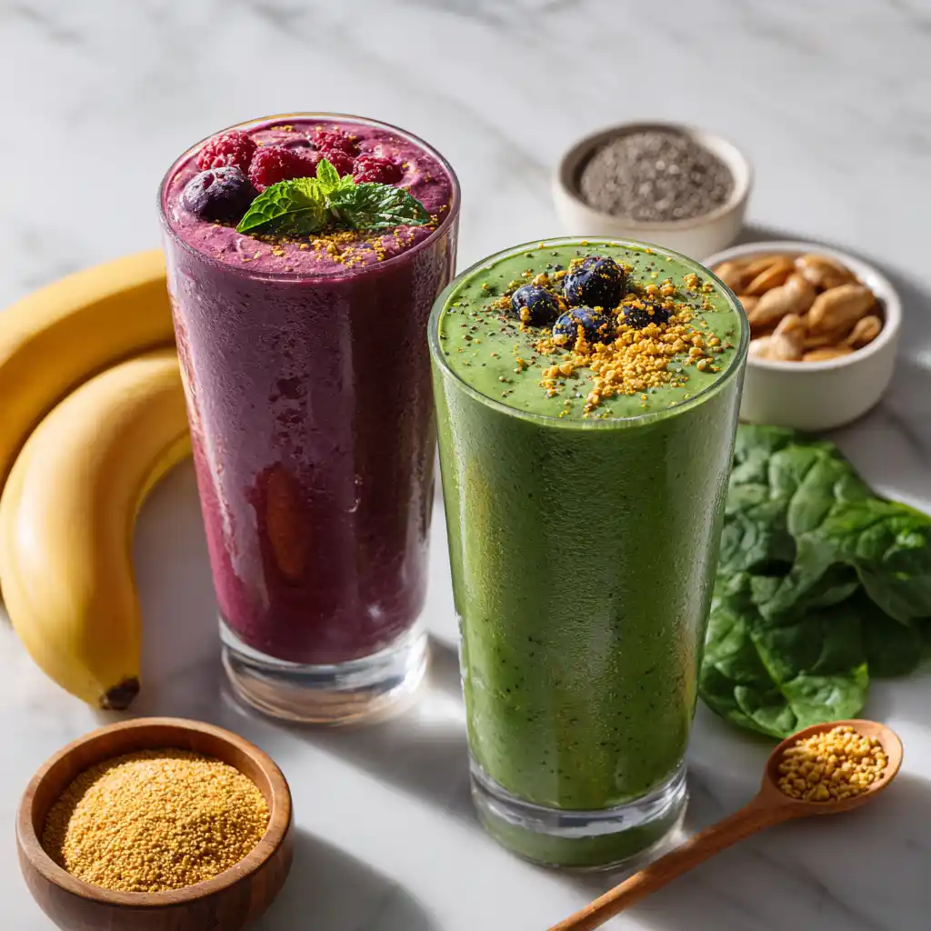 Bee Pollen in Smoothies: one berry, one green spinach smoothie