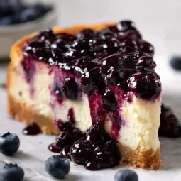 Slice of blueberry cheesecake with rich topping on parchment