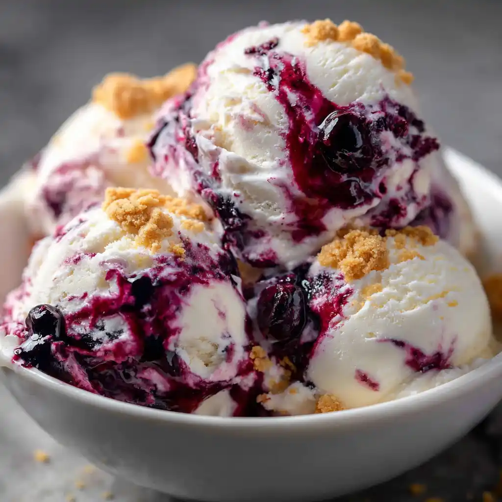 three scoops of blueberry cheesecake ice cream in a bowl with blueberry swirl and graham cracker crumbs