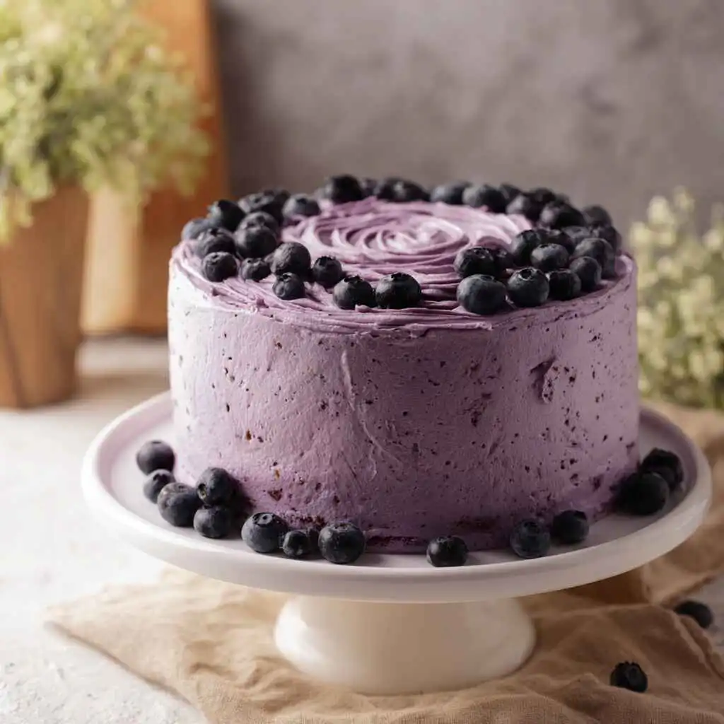 Blueberry chiffon cake with whipped cream and fresh blueberries