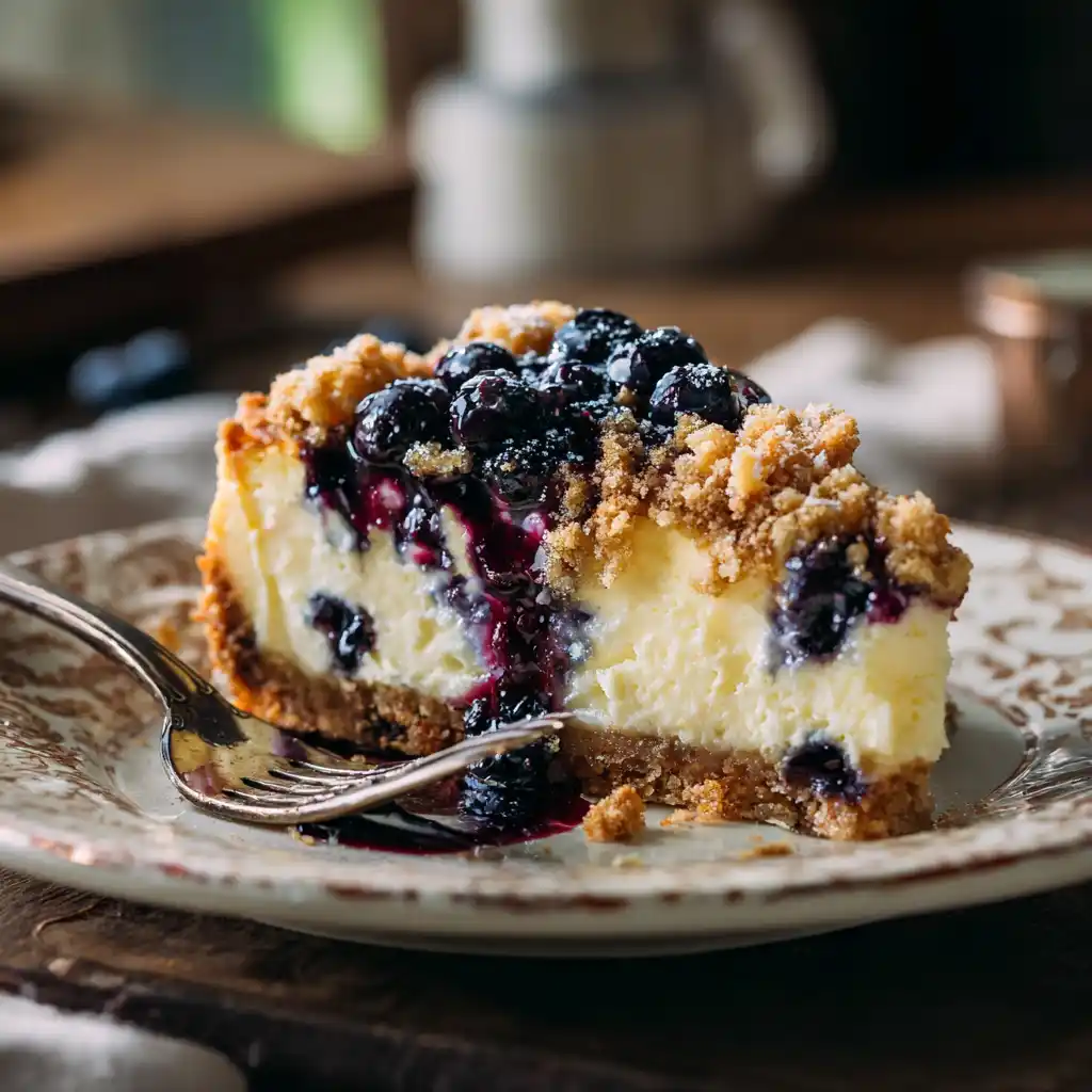 Blueberry cobbler cheesecake with golden crumble and blueberry drizzle