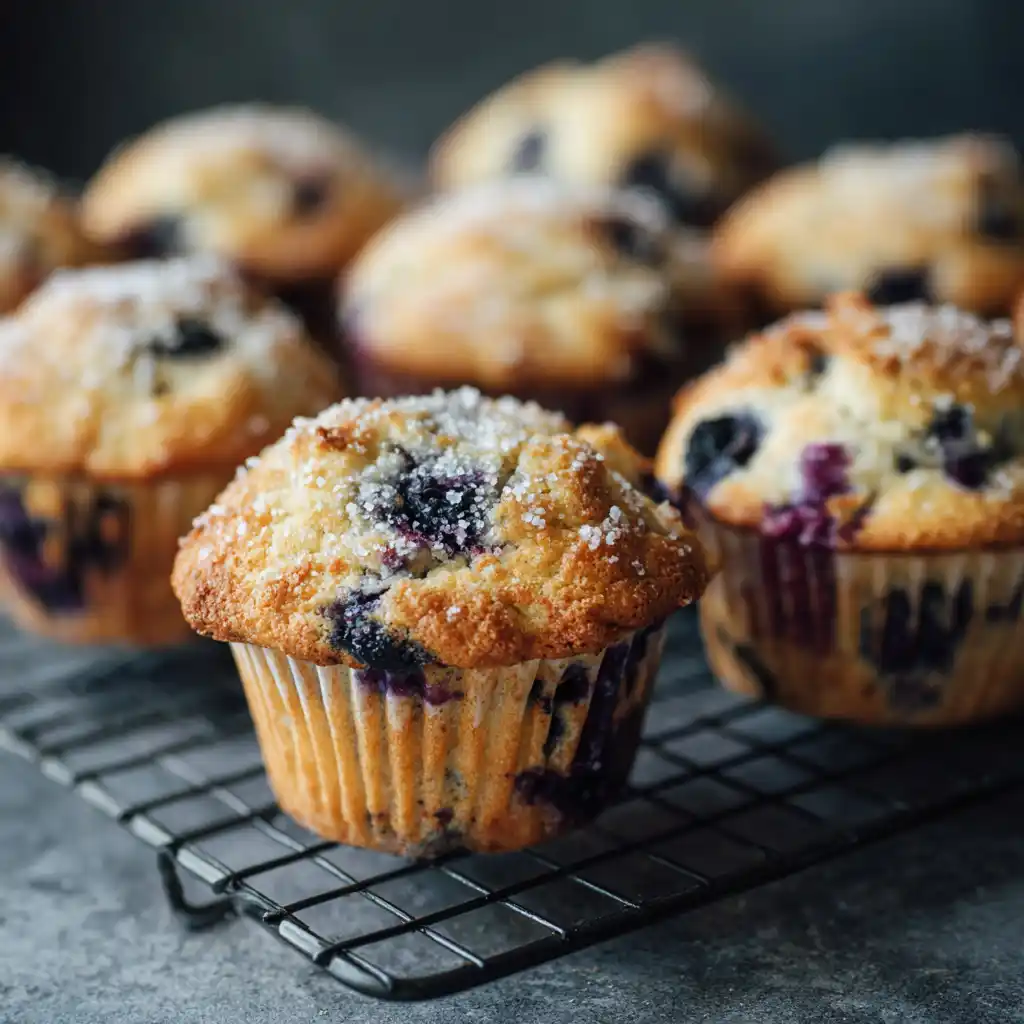 Blueberry muffin recipe with golden domes and sugar topping