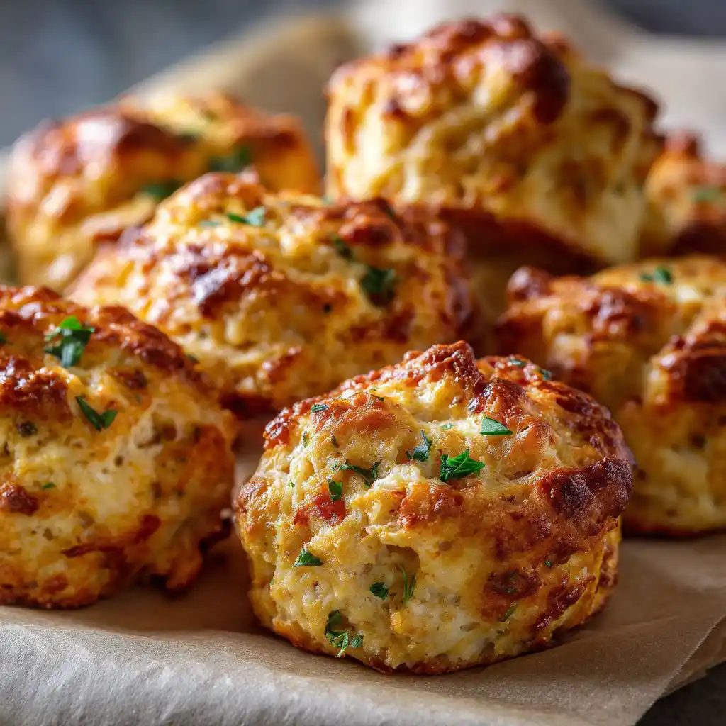 Chicken biscuit protein bites on wooden board