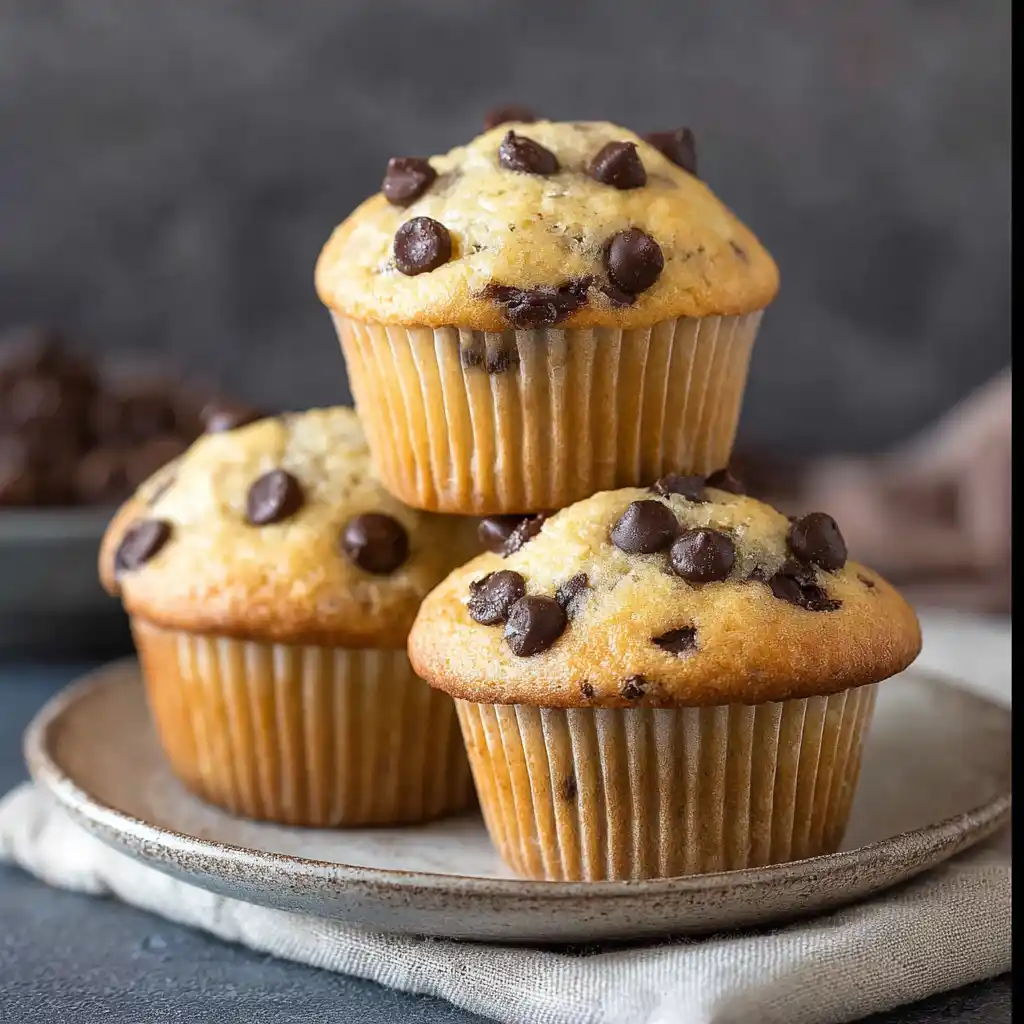 Chocolate chip protein muffins on rustic wooden table