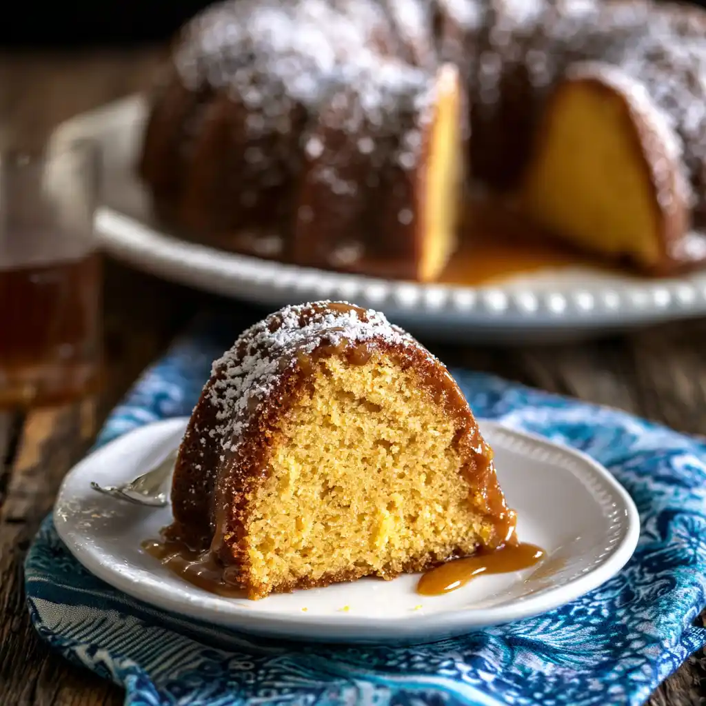 Slice of Cuban rum cake topped with syrup and powdered sugar