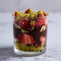 Dubai Chocolate Strawberry Cups dessert in a clear glass