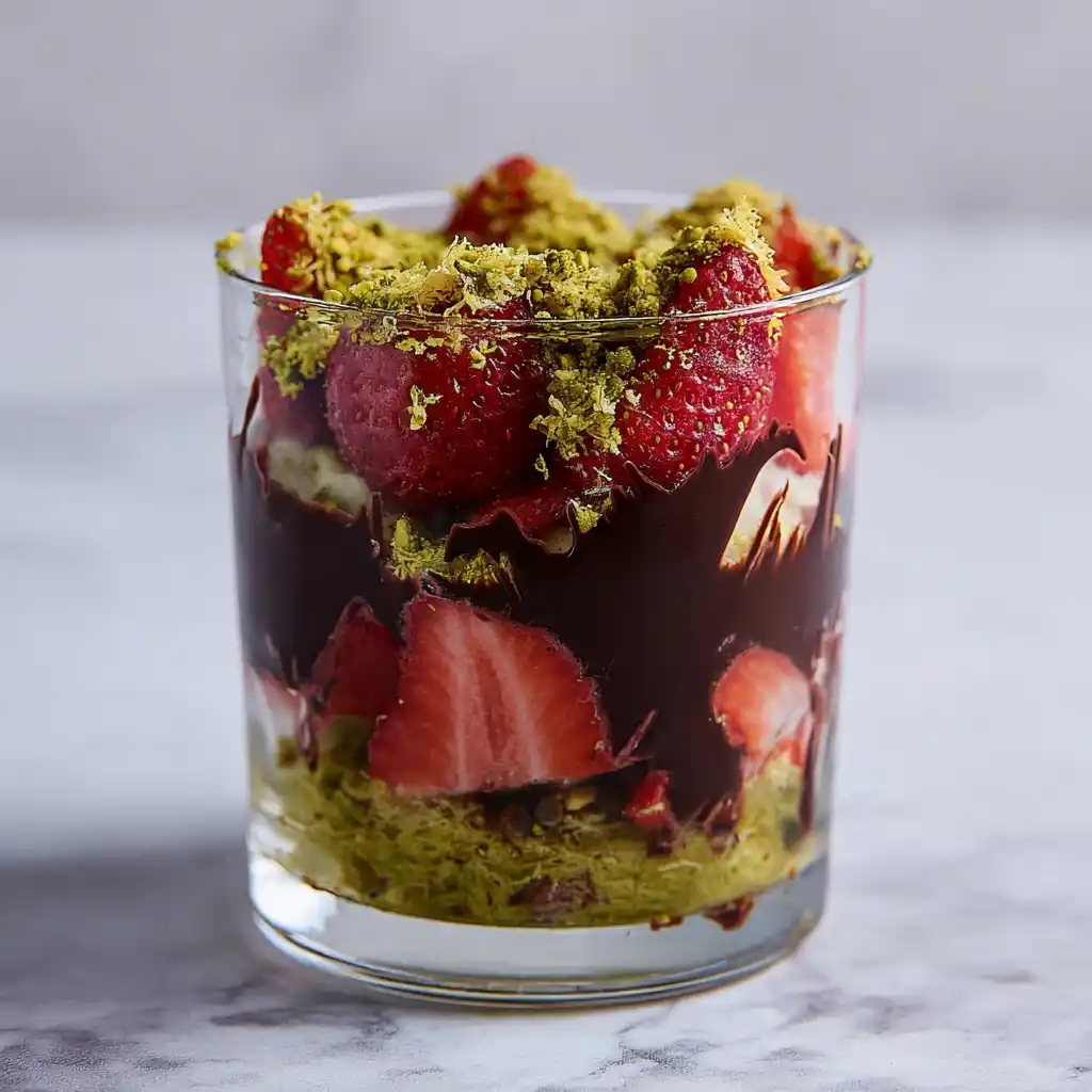 Dubai Chocolate Strawberry Cups dessert in a clear glass