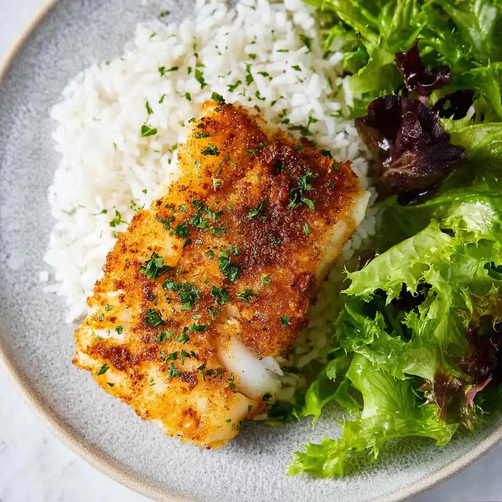 Crispy haddock in air fryer served with rice and greens
