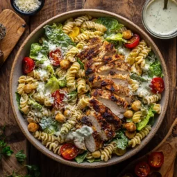 High protein chicken Caesar pasta salad in a bowl